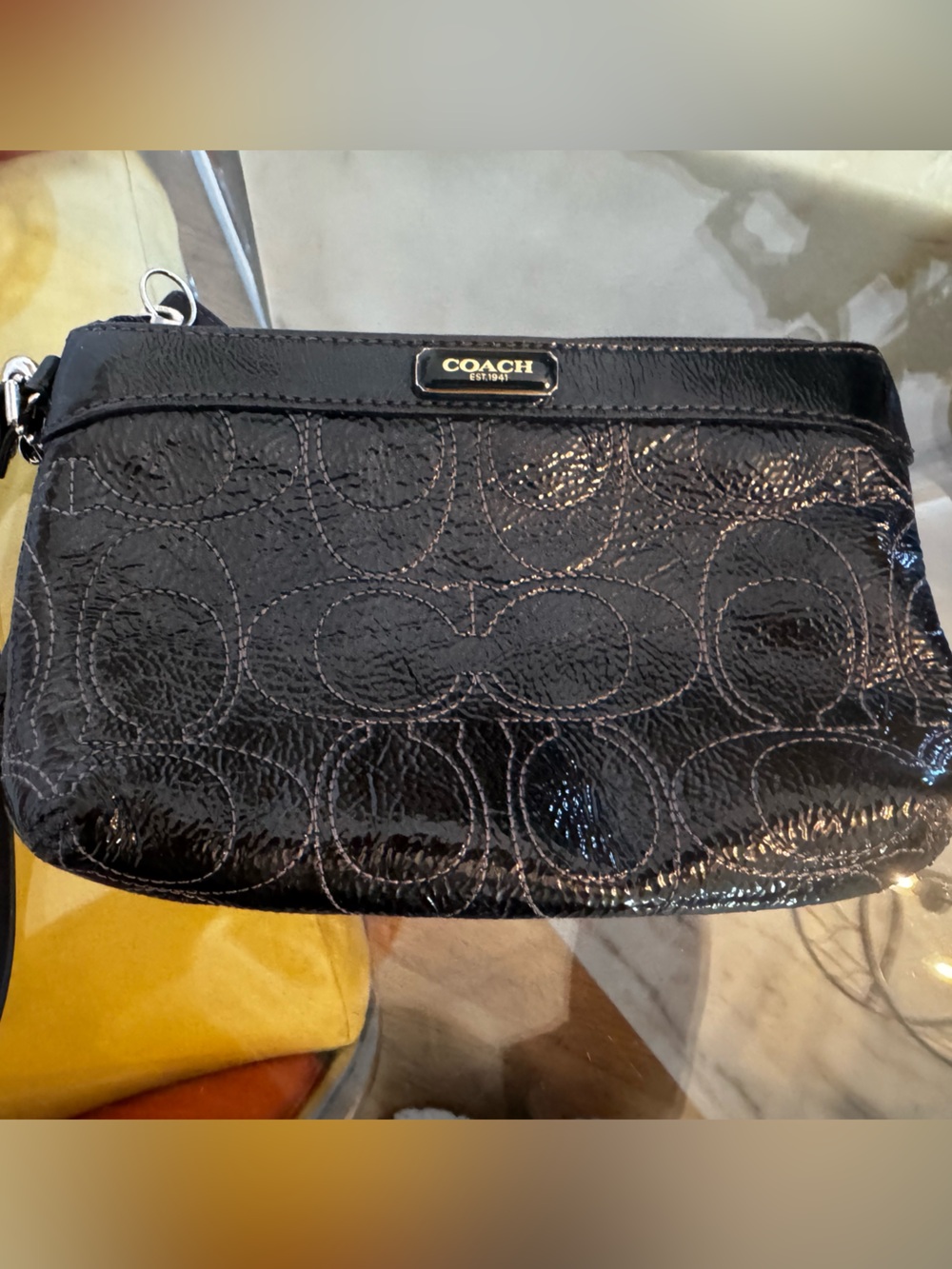 Coach Black Patent Signature Zip Wristlet Cosmetic Pouch